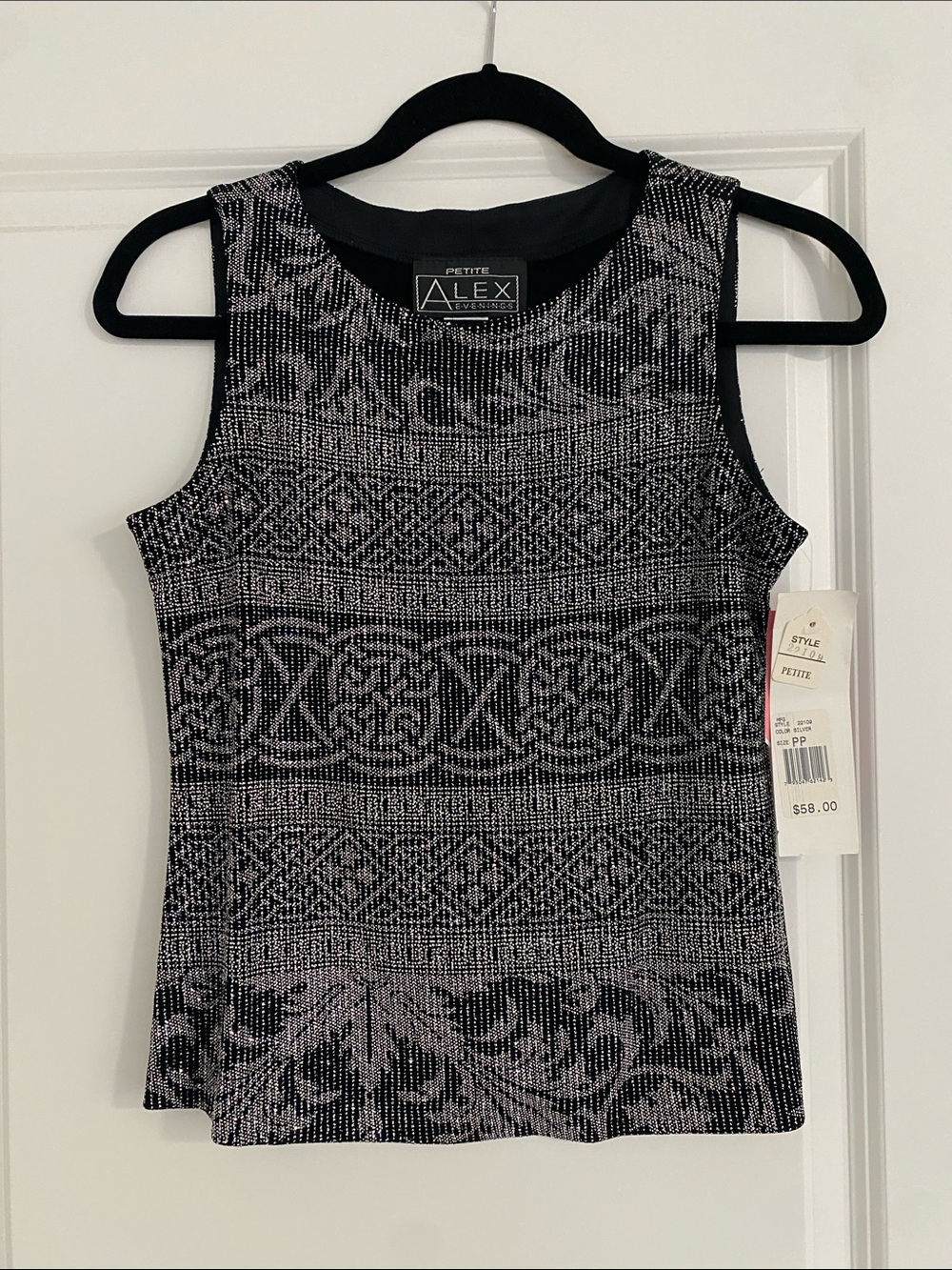 Alex Evenings Black and Silver Petite Sleeveless Patterned Tank